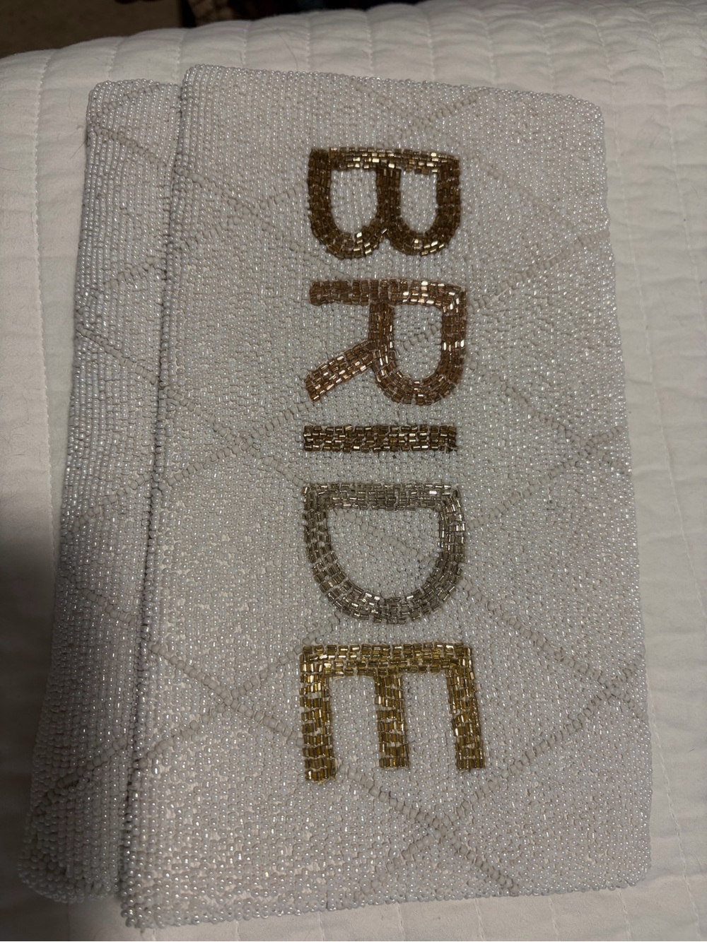 White Beaded 'BRIDE' Clutch with Gold Lettering